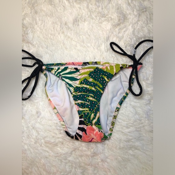 VENUS green and pink Tropical Print Bikini Bottom with Black Ties size 2 NWOT - Picture 6 of 10